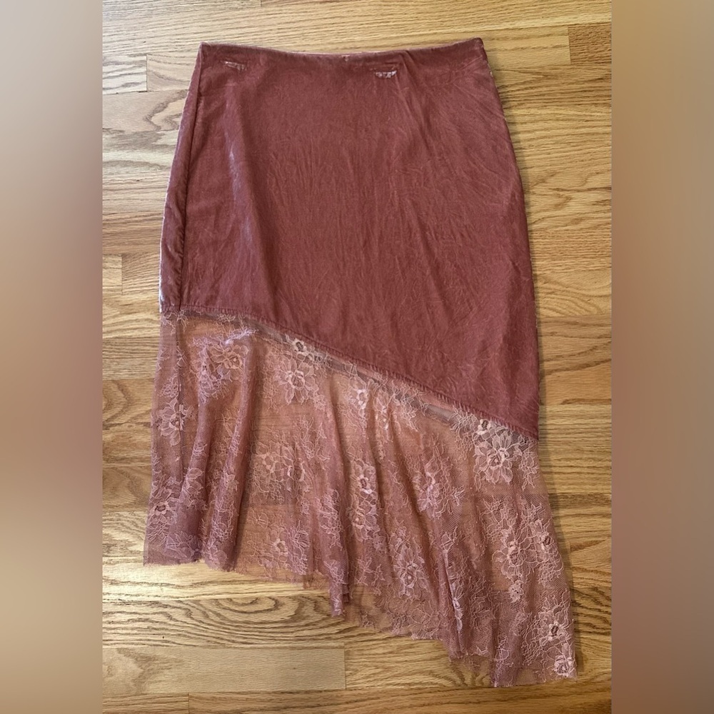 Free People Women’s Size 6 Velvet Lace Hem Ethereal Midi Skirt Boho Chic